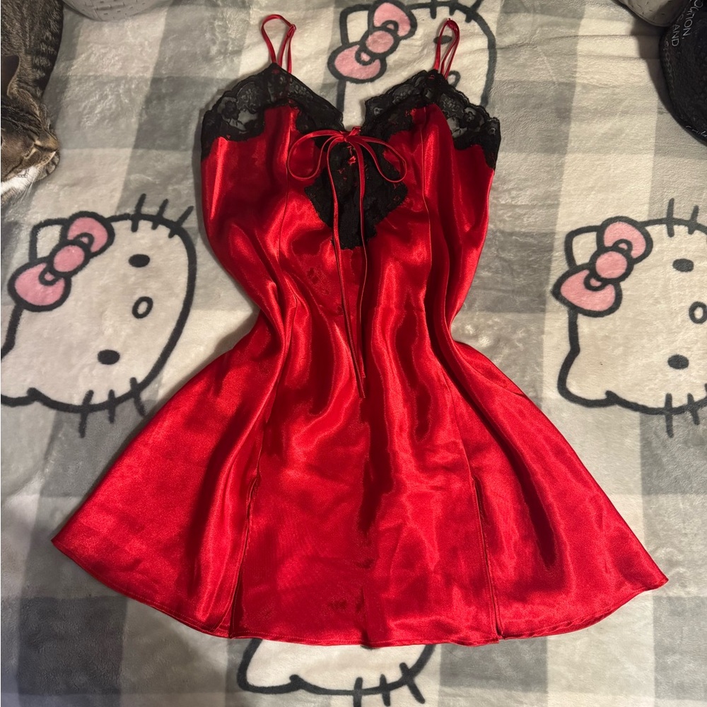Fredricks of Hollywood Red Satin Nightgown with Black Lace